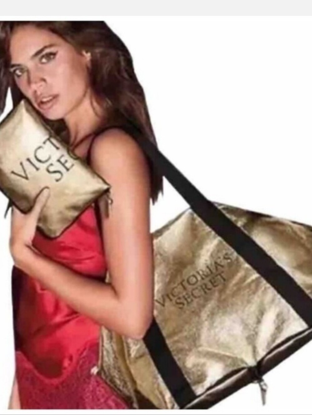 Victoria's Secret NWT Gold Tote and Matching Pouch with Black Straps